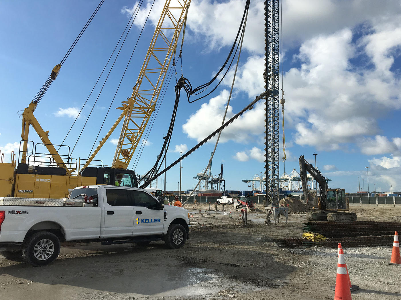 Auger cast piles being constructed.