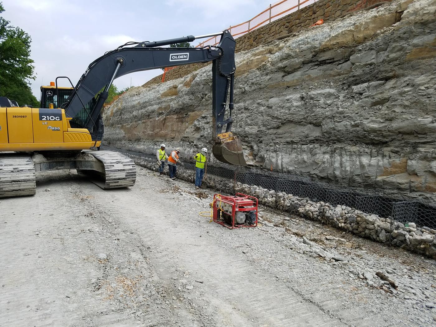 Gabion wall being installed